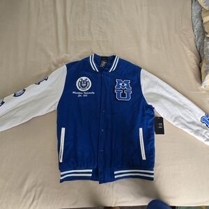 Blue and White Varsity Bomber Jacket with MU Crest